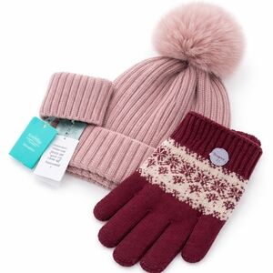 Maurices Knit Beanie & Gloves Set Faux Fur Pom Fair Isle One Size NWT